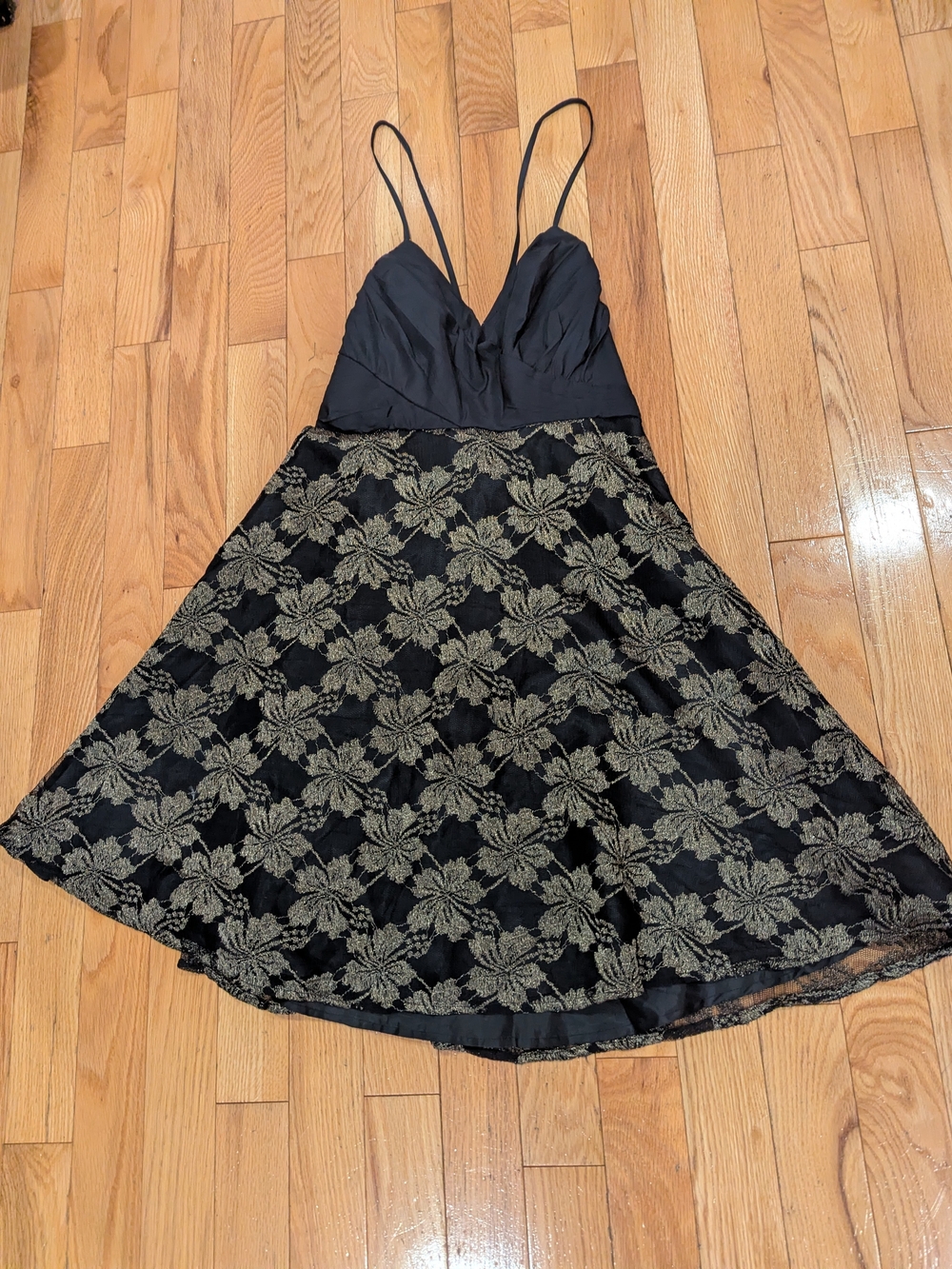 Guess 9 Size Black & Gold Floral Lace A-Line Spaghetti Strap Dress